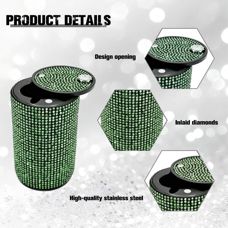 FALVFUN Bling Car Ashtray, Rhinestones Smokeless Smell Proof Vehicle Cup Holder Ash Tray with Lid, Sparkling Diamond Portable Automotive Interior Ashtray, Universal for SUV RV Truck (Green) - Image 2